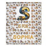 Custom Construction Truck Blanket - Personalized Excavator & Vehicle Alphabet Throw - Gift for Kids, Boys